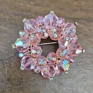 Vintage Silvertone Faceted AB Chrystal Pink Wreath Brooch